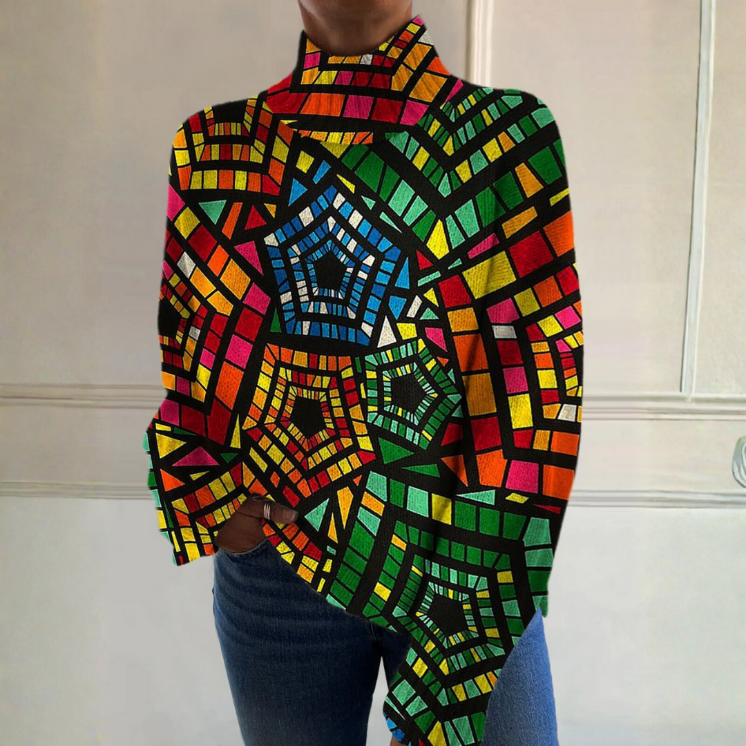 Layla - Retro colorful geometric print turtleneck sweater